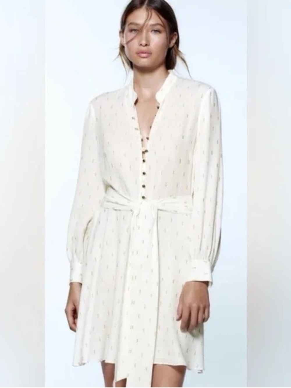 Zara Ecru Metallic Thread Mini Dress with Waist Tie 3190/218